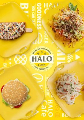 Halo Cafe background of burger pasta nachos